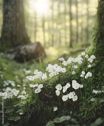 Obraz na płótnie White flowers growing amid moss within a tranquil forest setting w salonie