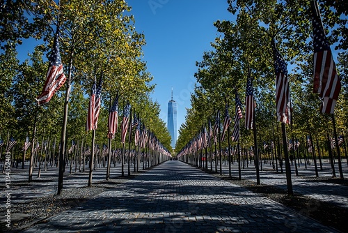 American flags lining a path towards a towering skyscraper in daylight