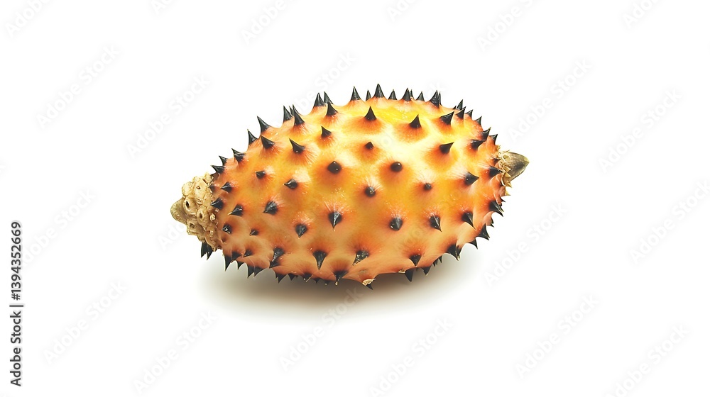 A singular spiky fruit rests on a clean white background