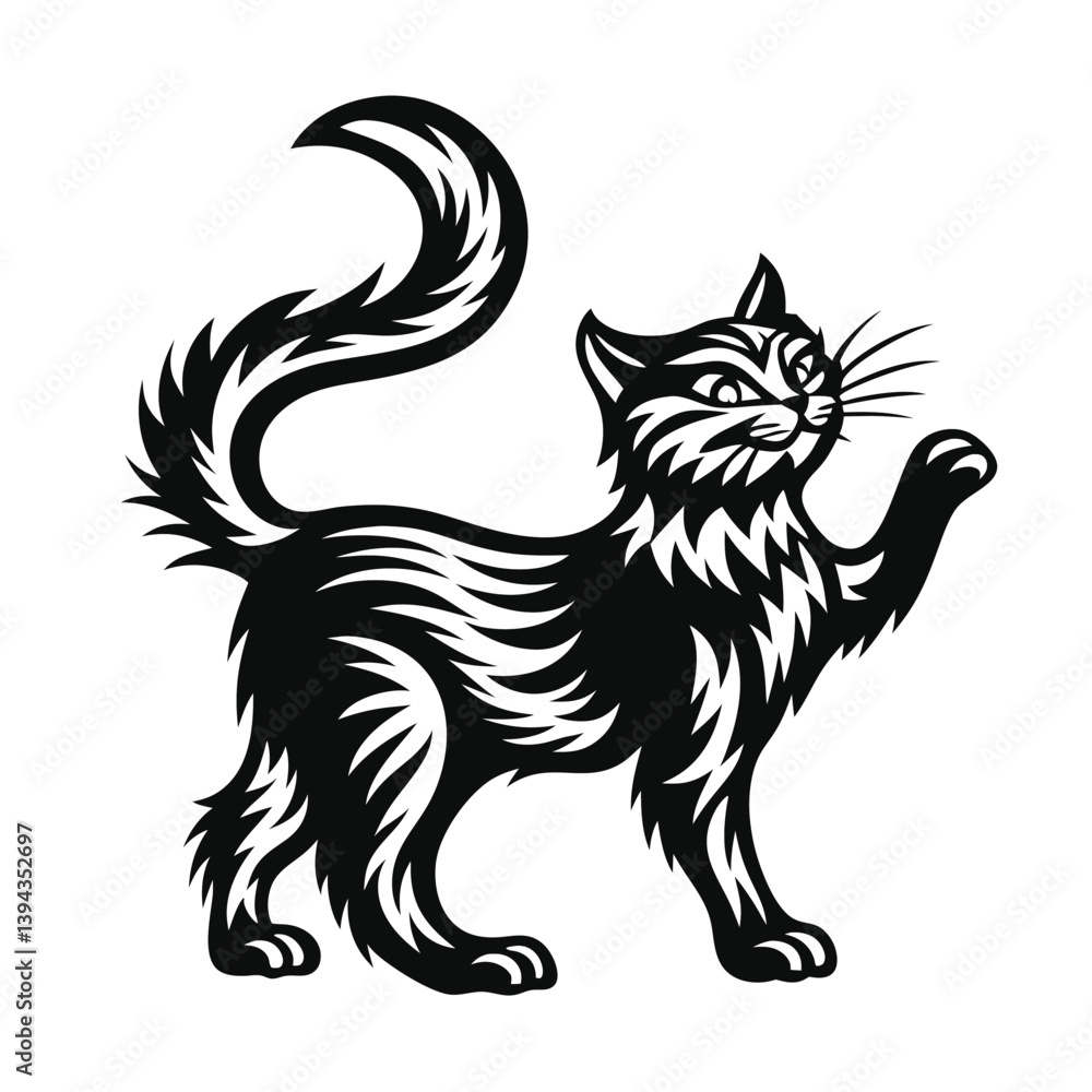 Obraz premium Black Ornamental Cat Silhouette with Curved Tail on a White Background Design