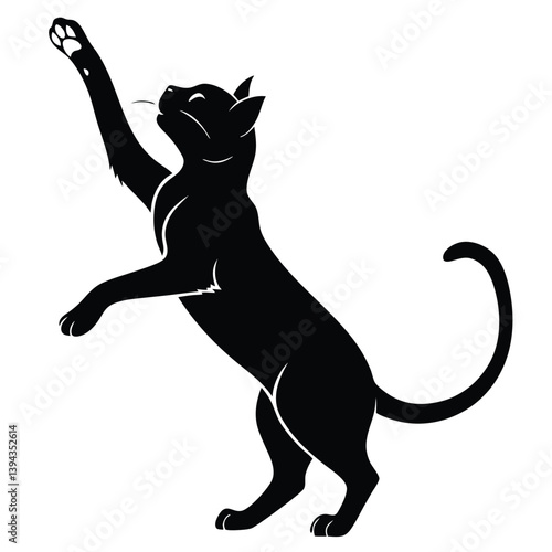 Black Cat Silhouette Reaching Upward, Standing on Hind Legs, Feline Illustration