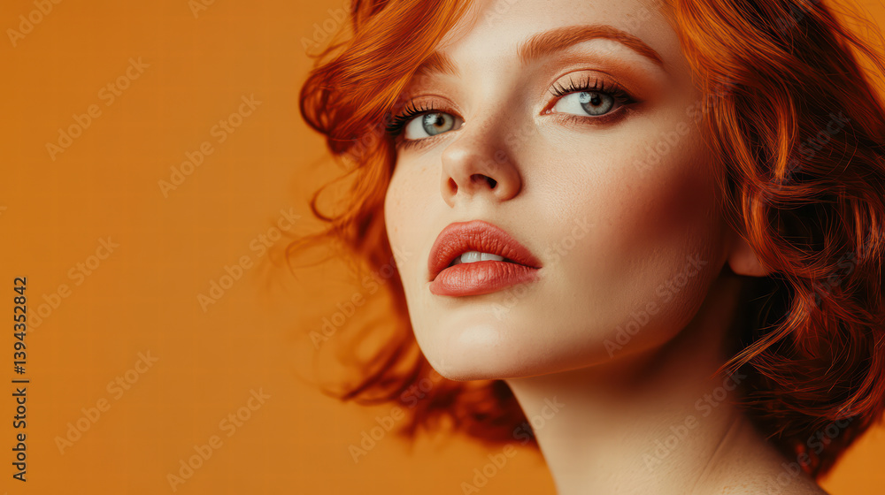 Radiant Aura: A captivating portrait showcases a beautiful woman with fiery red hair, her expression a study in poise and allure. the image highlighted her beauty and captivating look. Radiant Aura: A captivating portrait showcases a beautiful woman with fiery red hair, her expression a study in poise and allure. the image highlighted her beauty and captivating look.