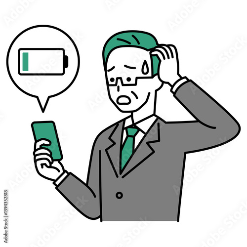 スマートフォンの充電が無くて困っている中年のスーツの男性