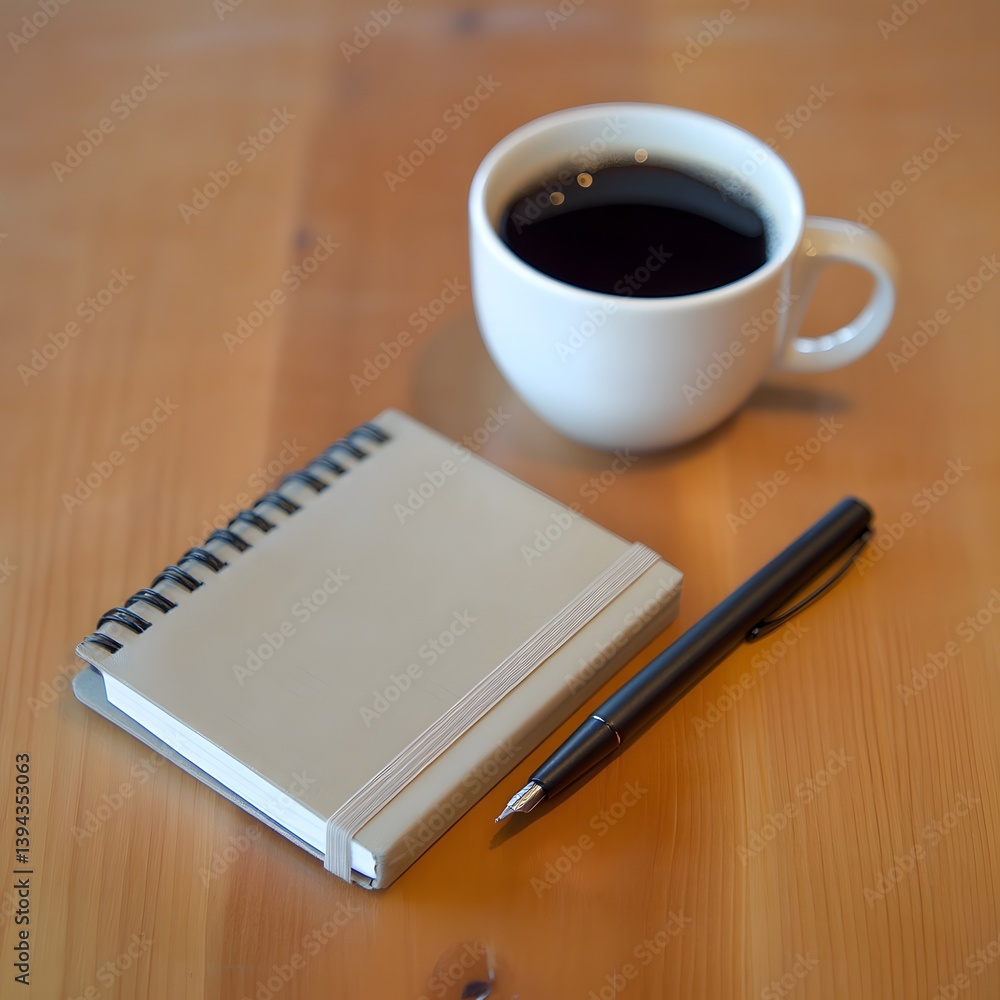 Coffee Break Still Life, Notebook, Pen, Coffee Cup on Wooden Table Coffee Break Still Life, Notebook, Pen, Coffee Cup on Wooden Table