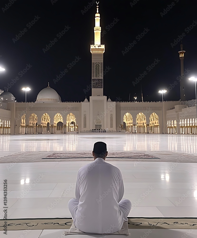 A person is facing a mosque at night for prayer