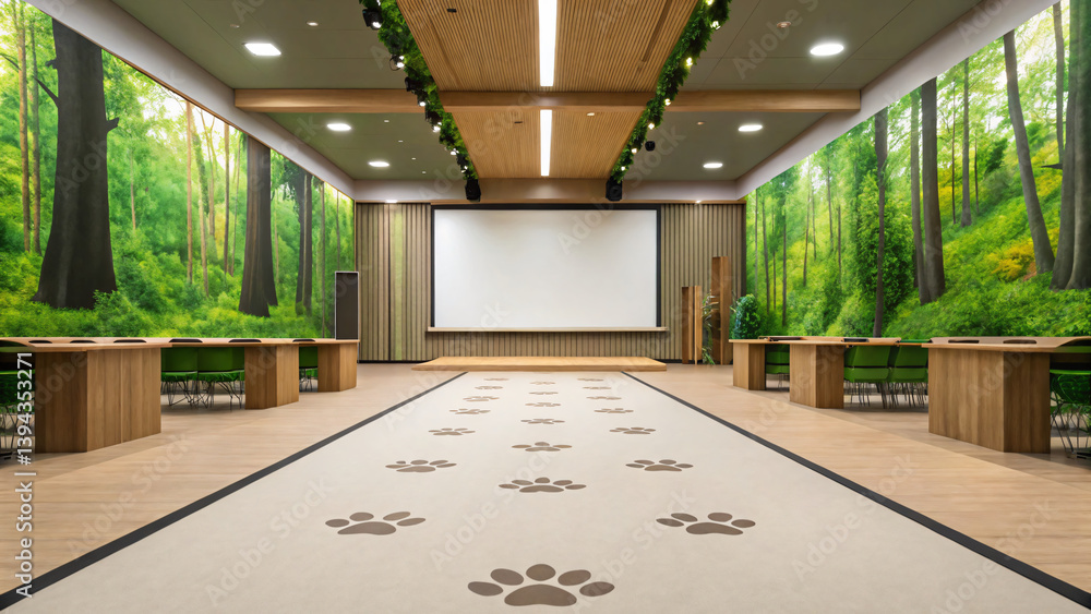 Fototapeta premium Elegant Conference Room with Nature-Inspired Decor and Paw Print Carpet Design