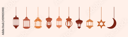 Ramadan lanterns. Fanous line lantern, arabic lamps silhouettes vintage egyptian moroccan dubai eastern lamp for islamic mosque or arabian lighting, vector illustration of lantern to ramadan