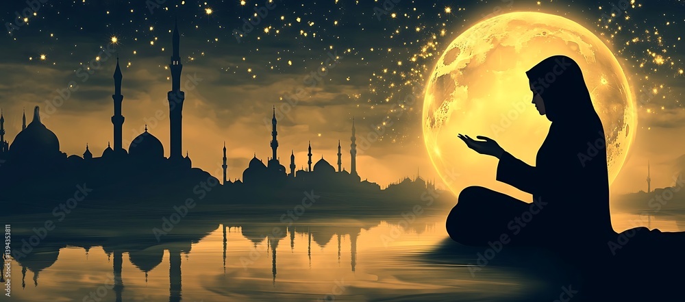 A woman prays under a large moonlit sky near a mosque