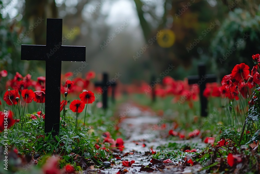 A peaceful scene of crosses and red flowers on a path