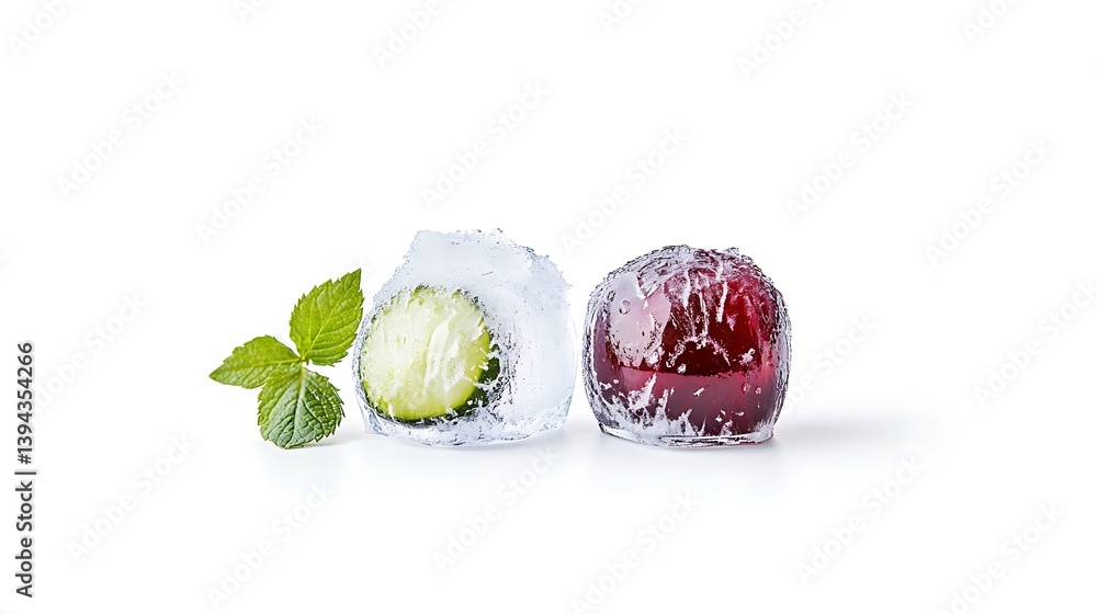 Two ice cubes with cucumber and red liquid near mint leaves