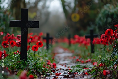 Obraz na płótnie A peaceful scene of crosses and red flowers on a path w salonie