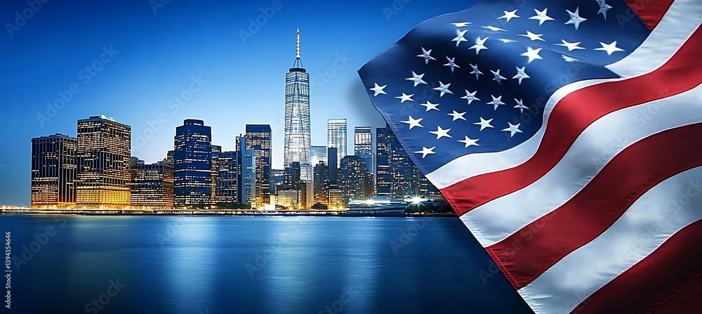 A Cityscape with an American Flag in the Evening Sky