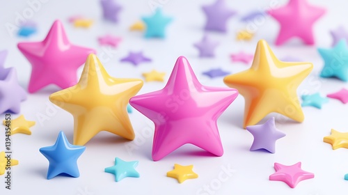 Colorful five pointed stars are scattered across a soft white surface