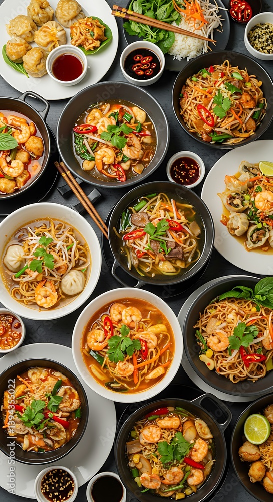 A vibrant array of Asian noodle and dumpling dishes, a delicious culinary journey showcasing shrimp, vegetables, and savory broth in warm inviting lighting. A vibrant array of Asian noodle and dumpling dishes, a delicious culinary journey showcasing shrimp, vegetables, and savory broth in warm inviting lighting.