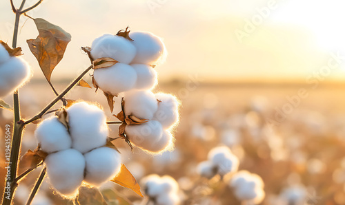 Natural cotton bolls glowing softly under warm sunlight fresh and fluffy white cotton plant close-up in serene agricultural field. generative ai