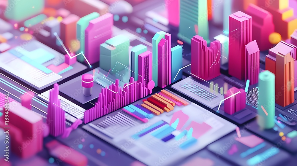 Abstract Illustration Depicting City Buildings and Data Analysis Representations