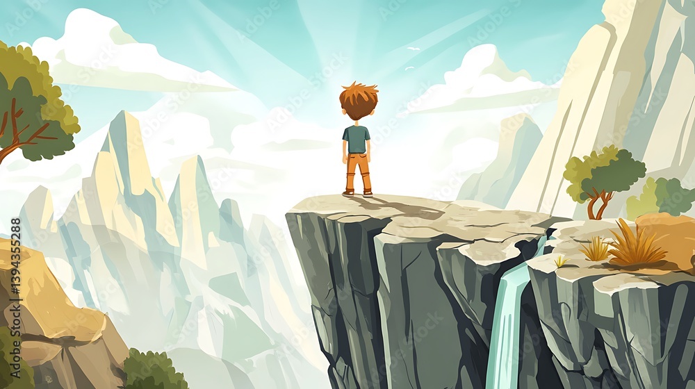 A young boy stands on a cliff looking out at nature