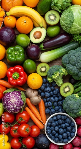 Wallpaper Mural A vibrant rainbow of fresh fruits and vegetables bursting with healthy goodness, showcasing a rich variety of colors and textures on a rustic wooden surface. Torontodigital.ca