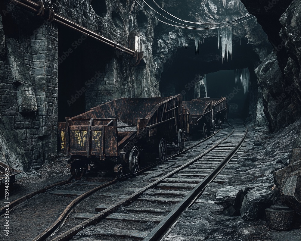 Naklejka premium A desolate coal mine, its rusted carts frozen on the tracks, surrounded by crumbling tunnels and damp stone walls.