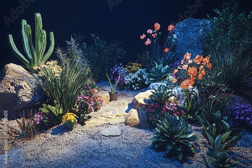 A vibrant arrangement of diverse desert plants and colorful flowers
