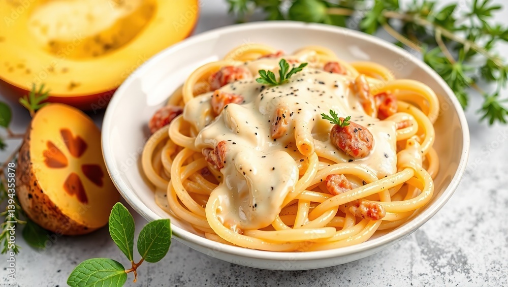 Creamy Pasta Dish with Elegant Presentation, Perfect for Restaurant Photography Creamy Pasta Dish with Elegant Presentation, Perfect for Restaurant Photography
