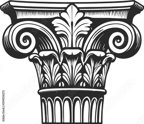 Ornate vector illustration of antique Greek column silhouette with floral scroll design