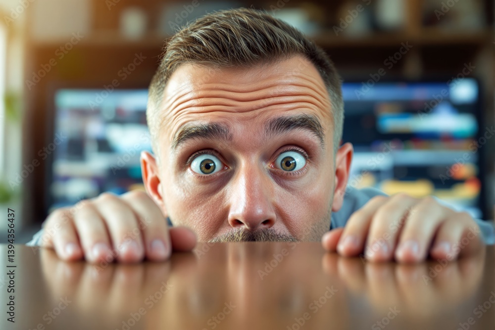 Man with wide eyes peeking over table, looking surprised.