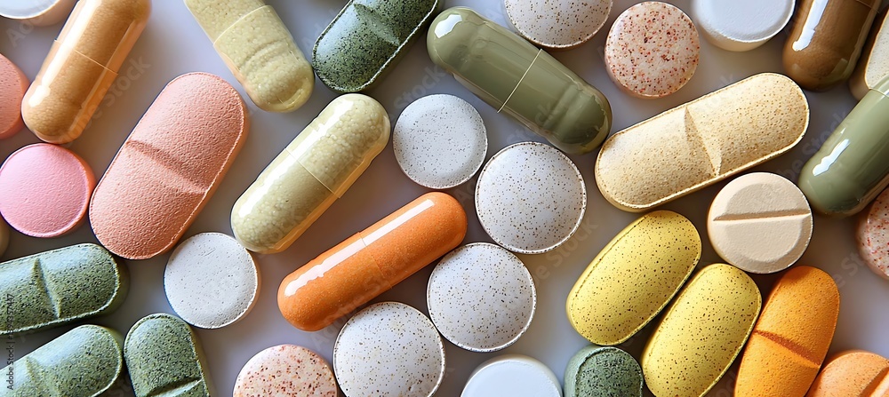 A collection of assorted colorful pills and medication capsules