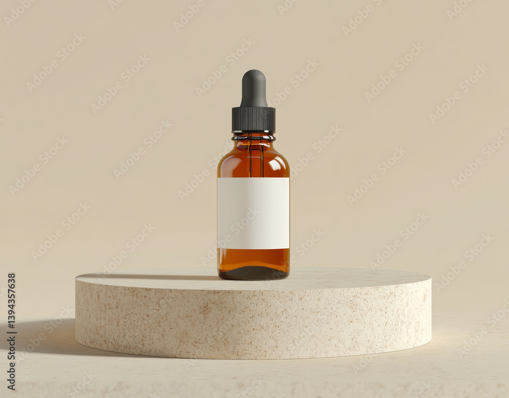 minimalist style mockup of amber glass dropper bottle with blank label, placed on round stone pedestal against neutral background minimalist style mockup of amber glass dropper bottle with blank label, placed on round stone pedestal against neutral background