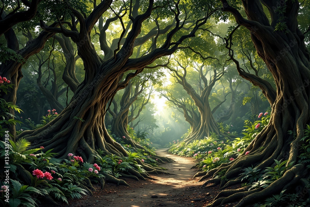 Naklejka premium Enchanted forest path with twisted trees and glowing light.