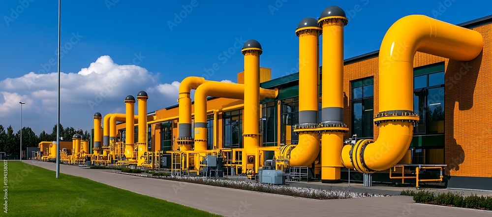 Large industrial building with yellow pipes under a sunny sky