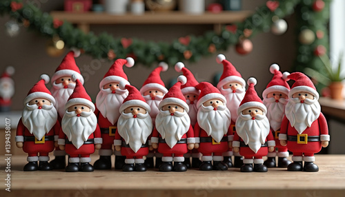  Santa Claus figurines on wooden table with festive decor background

