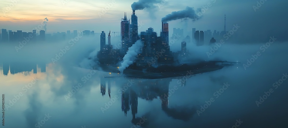 A Futuristic Cityscape with Pollution and Reflections in Water