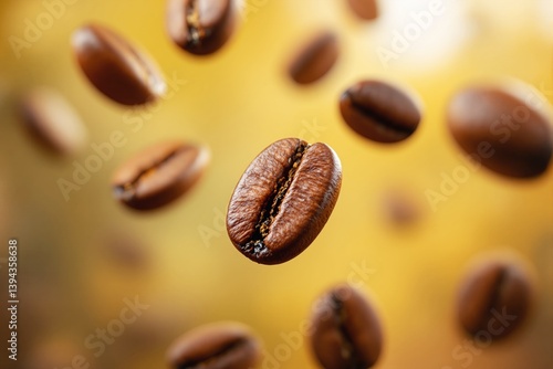 Floating coffee beans on golden background.