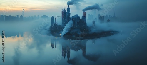 Obraz na płótnie A Futuristic Cityscape with Pollution and Reflections in Water w salonie