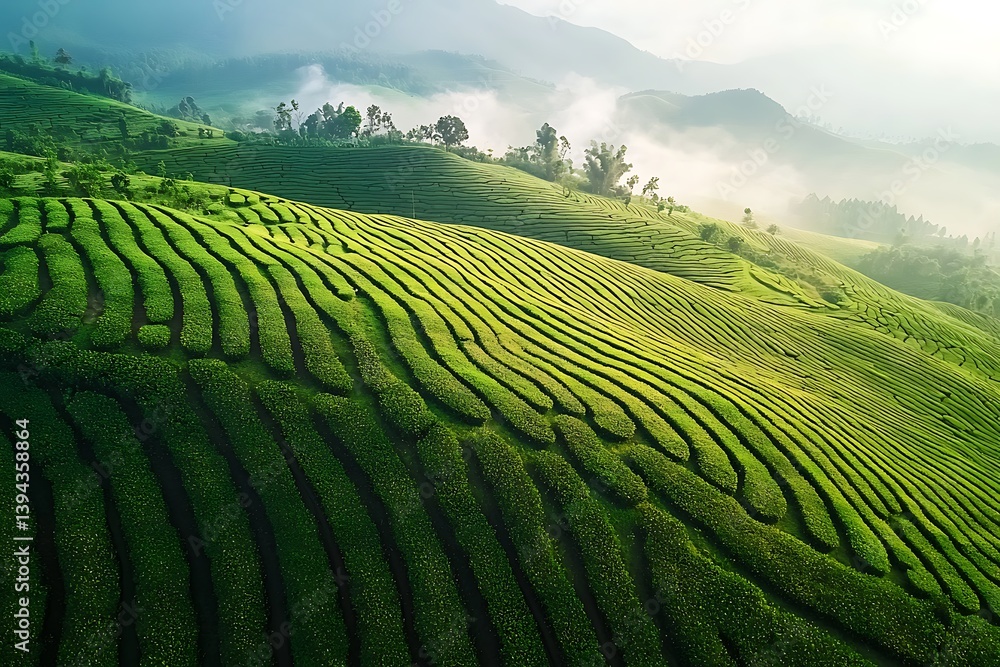 Lush green tea plantation covering rolling hills in the morning sun
