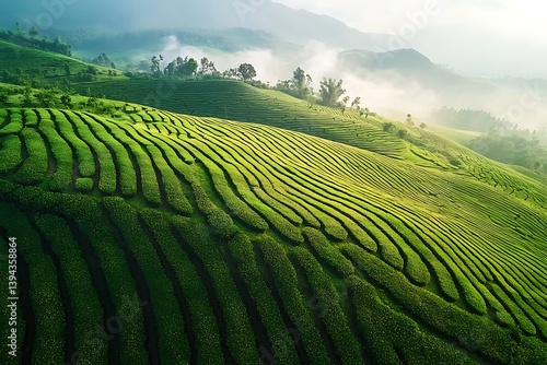 Obraz na płótnie Lush green tea plantation covering rolling hills in the morning sun w salonie