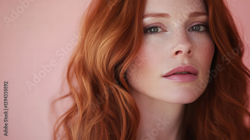 Wallpaper Mural Crimson Beauty: A stunning portrait of a woman with flowing red hair and captivating gaze, bathed in soft, natural light against a delicate backdrop, showcasing grace and elegance. Torontodigital.ca