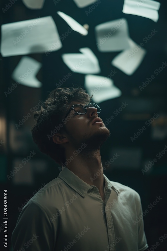 Fototapeta premium Contemplative figure surrounded by floating papers, symbolizing