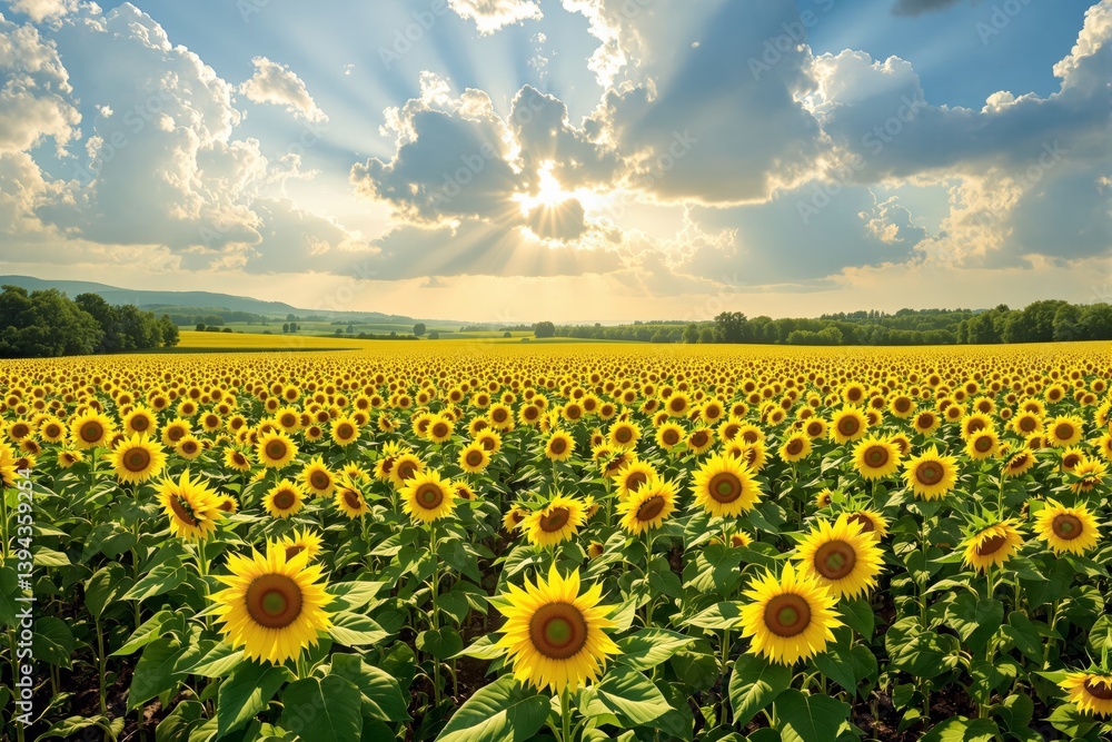 Fototapeta premium Vast sunflower field under a dramatic sky with sunrays.