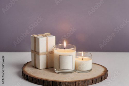 Festive gift box and candles on a wooden podium on the table