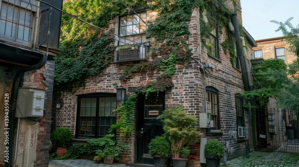 Fototapeta premium A charming brick building exterior with ivy growing along the walls.