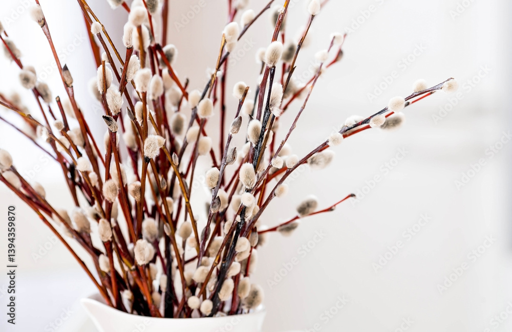 Religion. Palm Sunday. A bouquet of willow twigs for the Orthodox holiday. Willow in a white jug in the interior.