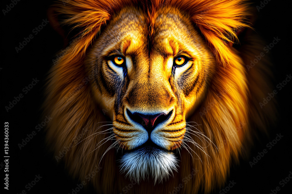 Majestic lion face with glowing golden fur on dark background. Majestic lion face with glowing golden fur on dark background.