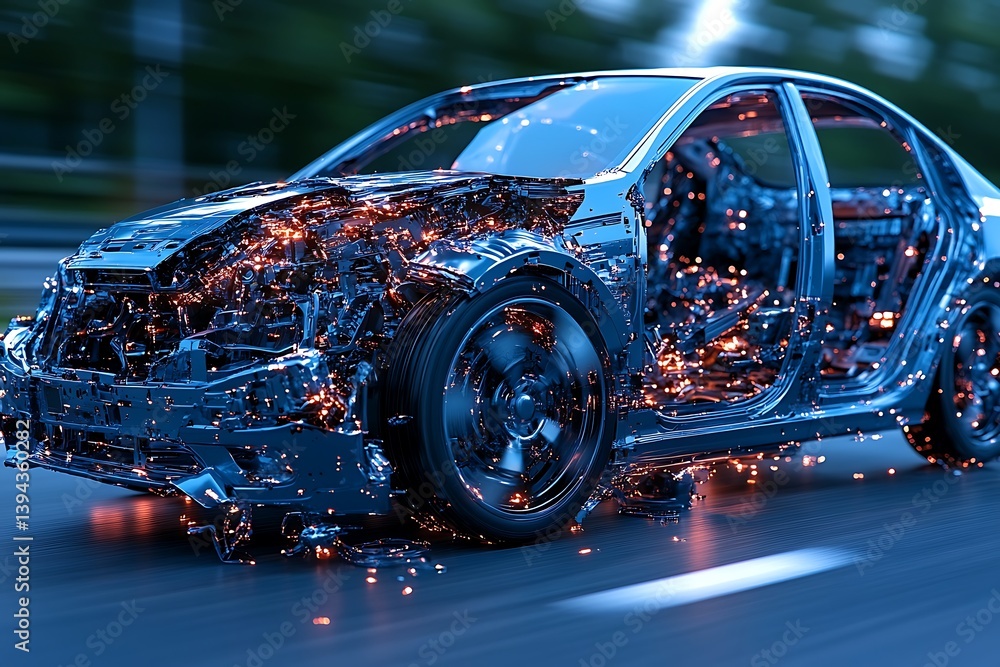 A futuristic vehicle demonstrating mechanical breakdown with electrical sparks