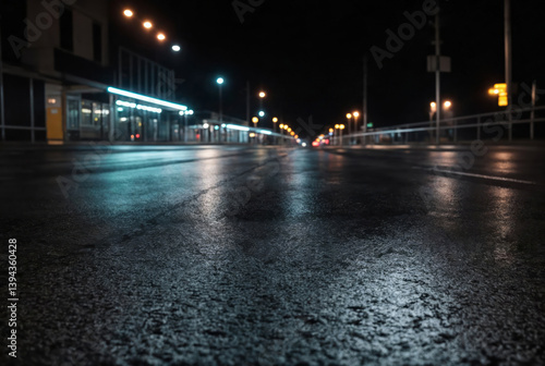 Wet asphalt with neon light. Blurred background, night lights of big city, reflection, puddles