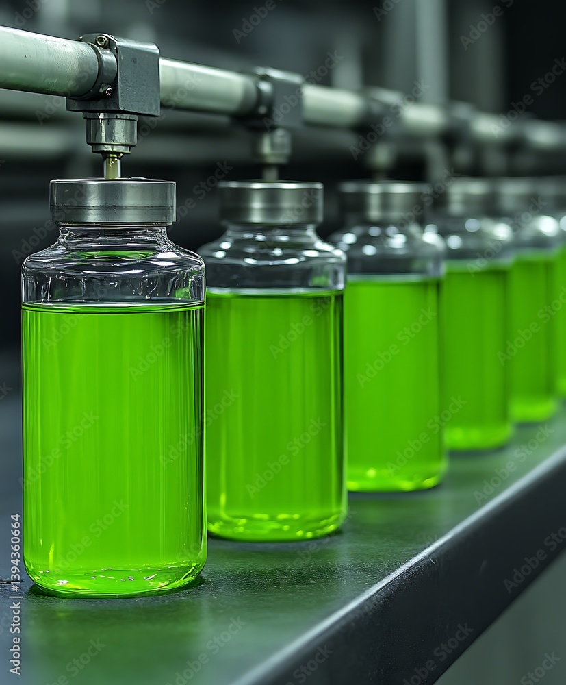 Bright green liquid filled vials are arranged in a line
