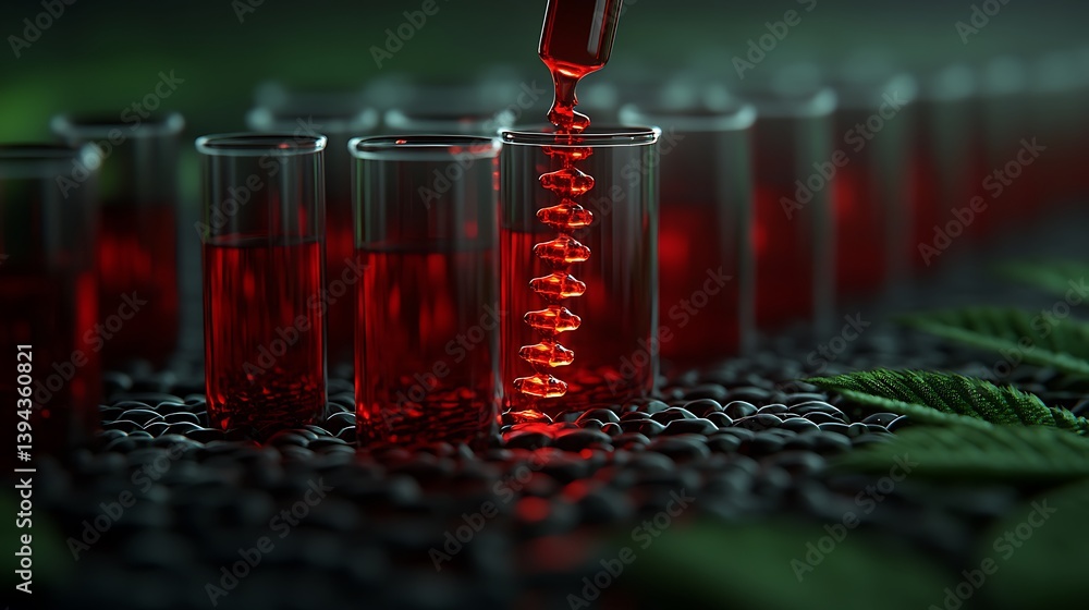 A liquid being dispensed into several glass test tubes in a laboratory