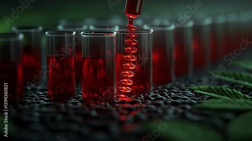 Obraz na płótnie A liquid being dispensed into several glass test tubes in a laboratory w salonie