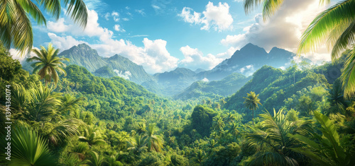 Fototapeta Naklejka Na Ścianę i Meble -  Lush green jungle landscape with towering mountains under vibrant blue sky and scattered clouds, creating serene and breathtaking view